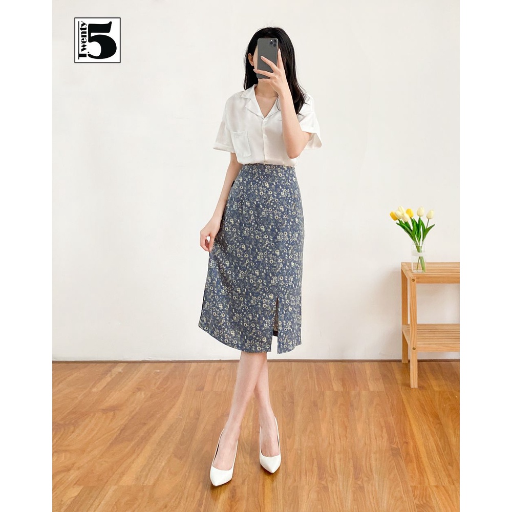 Chân váy voan hoa nhí 2 lớp vintage dáng dài xẻ vạt Twentyfive L31