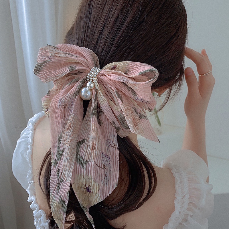 Kẹp Tóc Nơ Ruy Băng Lớn Đính Ngọc Trai Thời Trang Mới Ngọt Ngào Cho Nữ