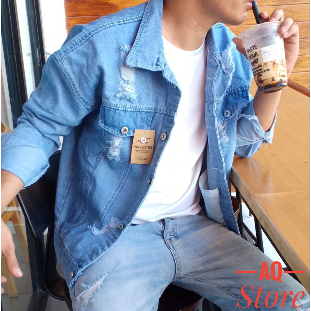 Áo Khoác Jean Nam Rách phong cách Hàn Quốc Áo Khoác Rin Jeans Jean Rách Vai Nam Nữ Màu Xanh NHẠT VÀ ĐẬM Chất Unisex