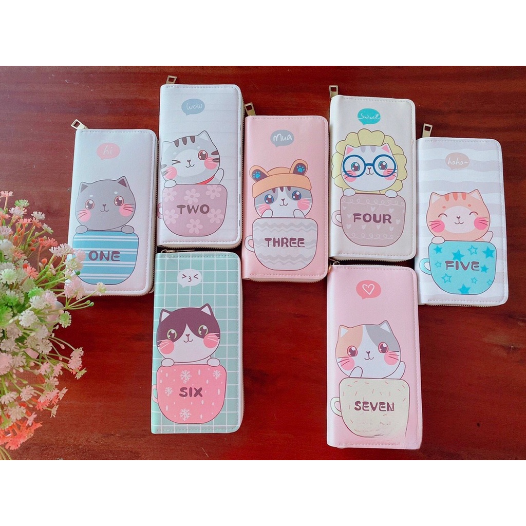 Ví Nữ Dài Cầm Tay Có Khóa Kéo Họa Tiết Cat Numberr Dễ Thương