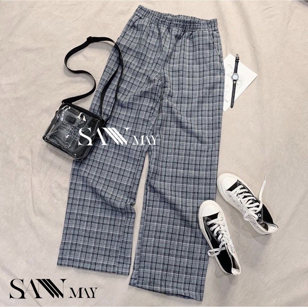 Quần Kẻ Sọc Caro Kẻ Nữ Ống Rộng Lưng Cao Quần Baggy Unisex Dáng Suông Form Dài Cạp Chun Đi Học Đẹp SANMAY QD003 | BigBuy360 - bigbuy360.vn