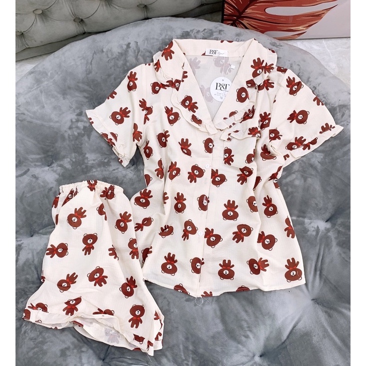 Bộ đồ ngủ nữ cộc tay chất đũi xốp, Bộ đồ ngủ pijama nữ viền bèo chất vải mát