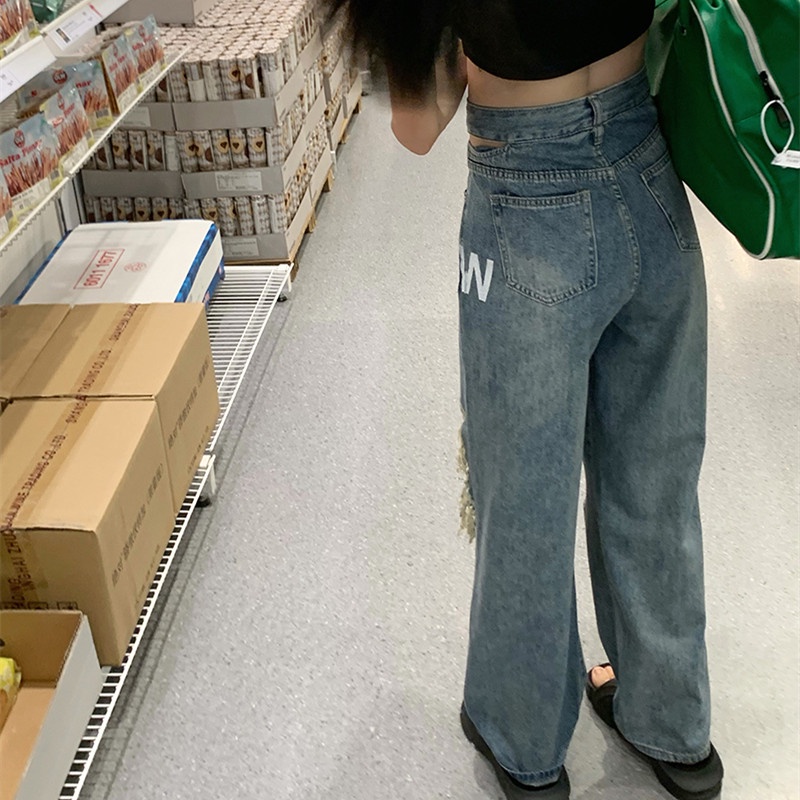 Quần Jean Nữ Lưng Cao Ống Đứng Rách Gối Thời Trang