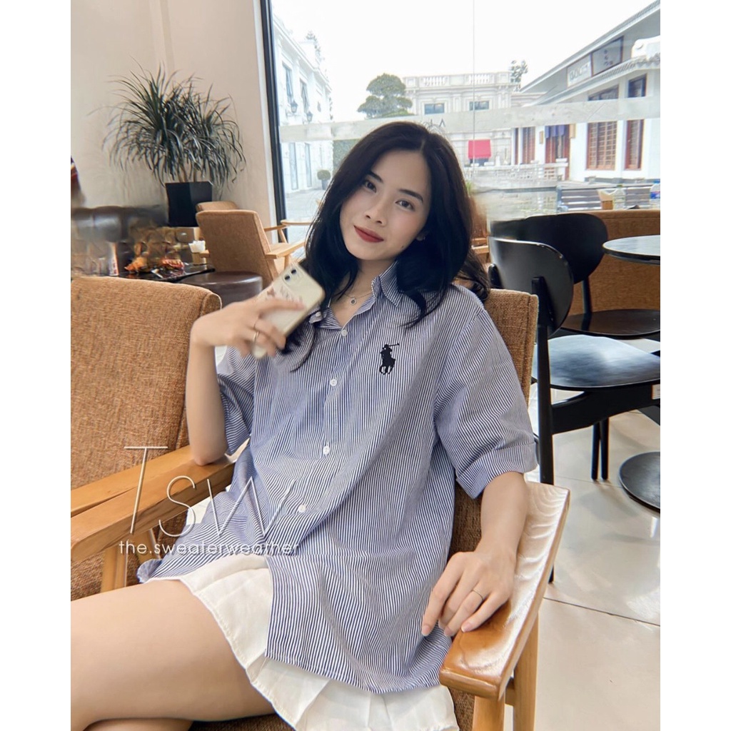 Áo sơ mi kẻ sọc thêu logo ngựa ngắn tay