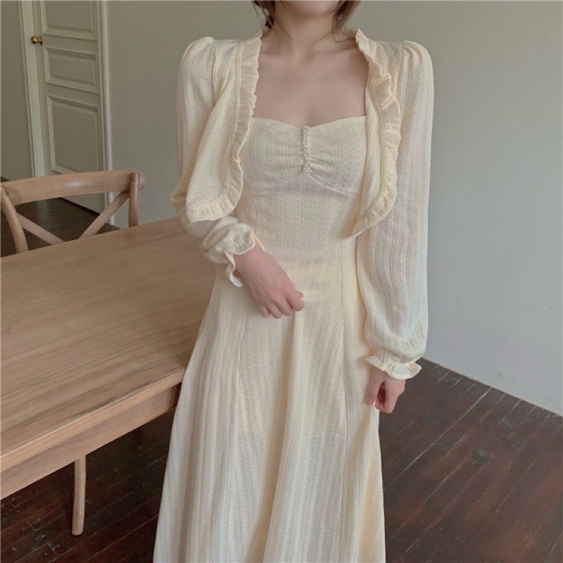 [SẴN] Set đầm maxi 2 dây + áo khoác croptop cardigan dài tay phong cách thanh lịch SAM SAM BOUTIQUE