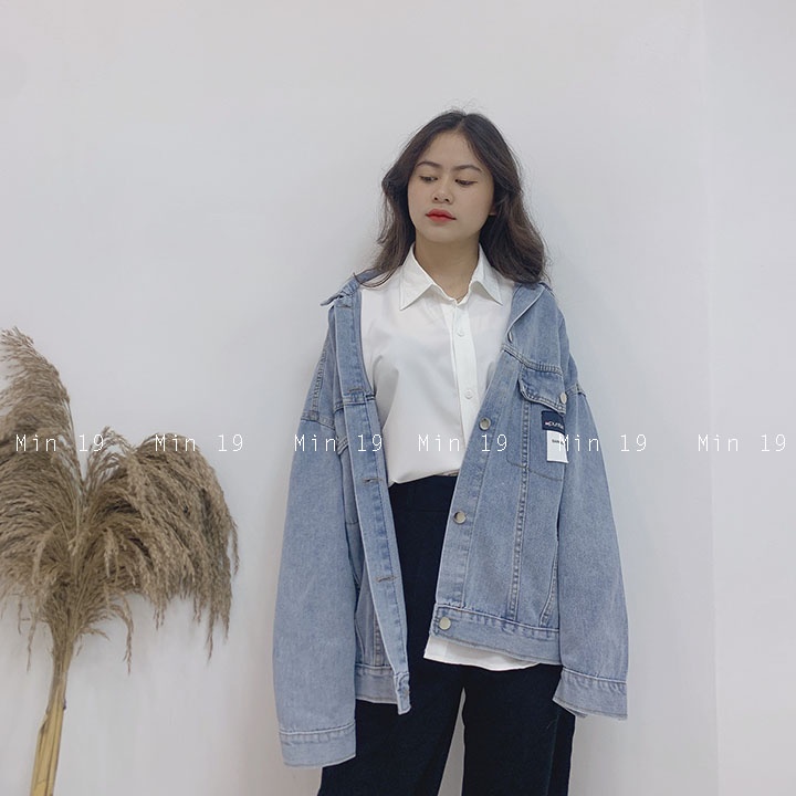 Áo khoác jean nữ form rộng bigsize uzzang Hàn Quốc kiểu túi hộp cá tính vải bò dày dặn màu xanh thời trang