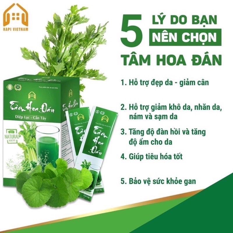 1 gói Tâm hoa đán, diệp lục cần tây, giữ dáng ,thanh lọc cơ thể ,hết mụn ,giảm nám ,tăng cường sinh lý nam nữ