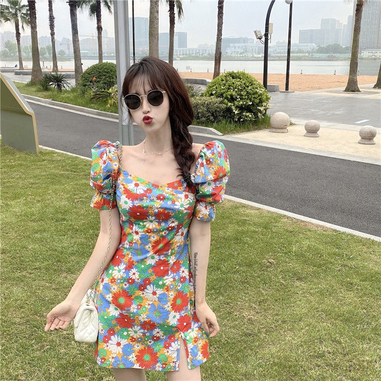 Đầm nữ họa tiết hoa xinh xắn thắt eo phong cách Mỹ thời trang