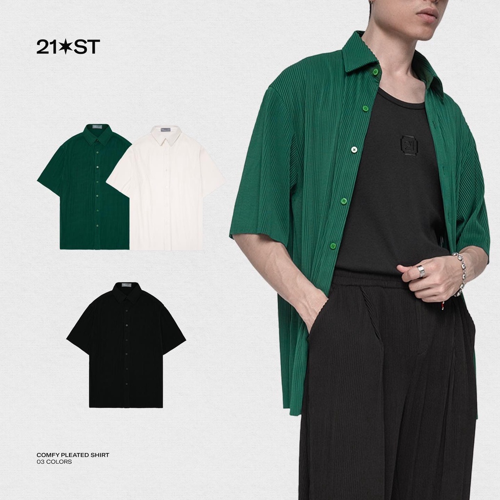 Áo sơmi thun hiệu ứng xếp ly 3 màu 21ST URBAN Comfy Pleated Shirt