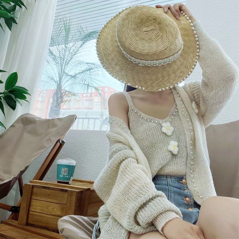 Sweet Soft Gradient Color Striped Knitted Cardigan Two-Piece Set Mori Style Small Flower Beaded Sweater Coat