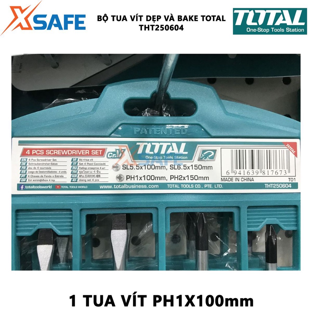 Bộ tuốc nơ vít dẹp và bake 4 chi tiết TOTAL THT250604 | Bộ 4 tua vít tua vít SL5.5X100mm, tua vít SL6.5X150mm