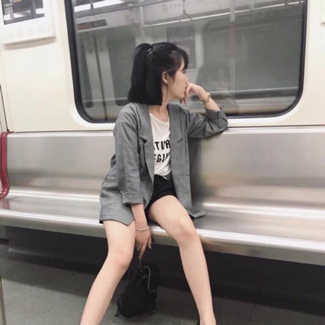 Áo vét kẻ dáng suông 1 lớp chất liệu thô mềm