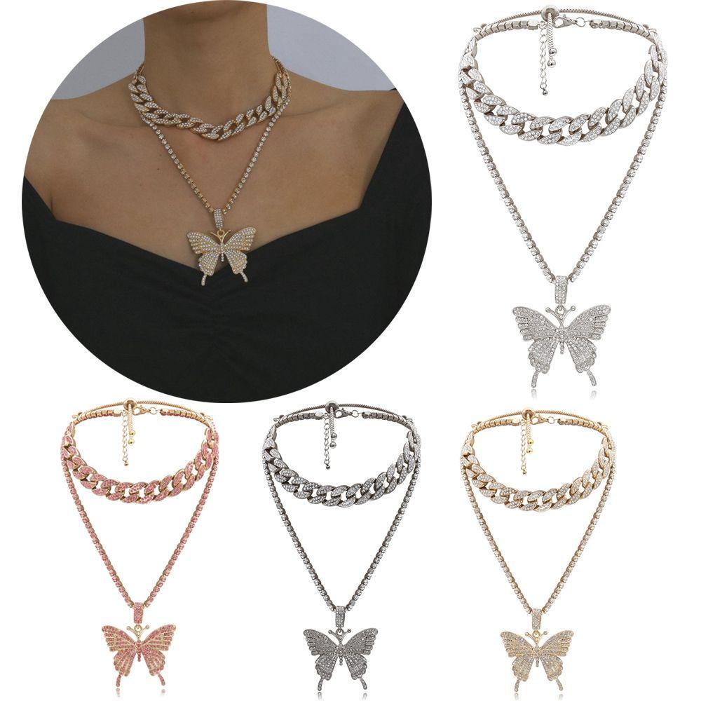 HS Women Necklace Fashion Jewelry Mutli-Layer Chain Butterfly Pendant Zircon Chic|Hip Hop Choker Clavicle/Multicolor