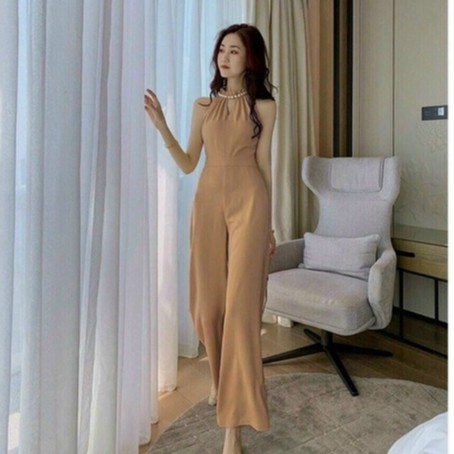 [ Hana ] Đồ Bay Dài, Jumpsuit Dài Ống Suông Rộng Phong Cách Phối Cổ Yếm Kết Cườm Xếp Ly Sang Chảnh Hợp Thời Trang