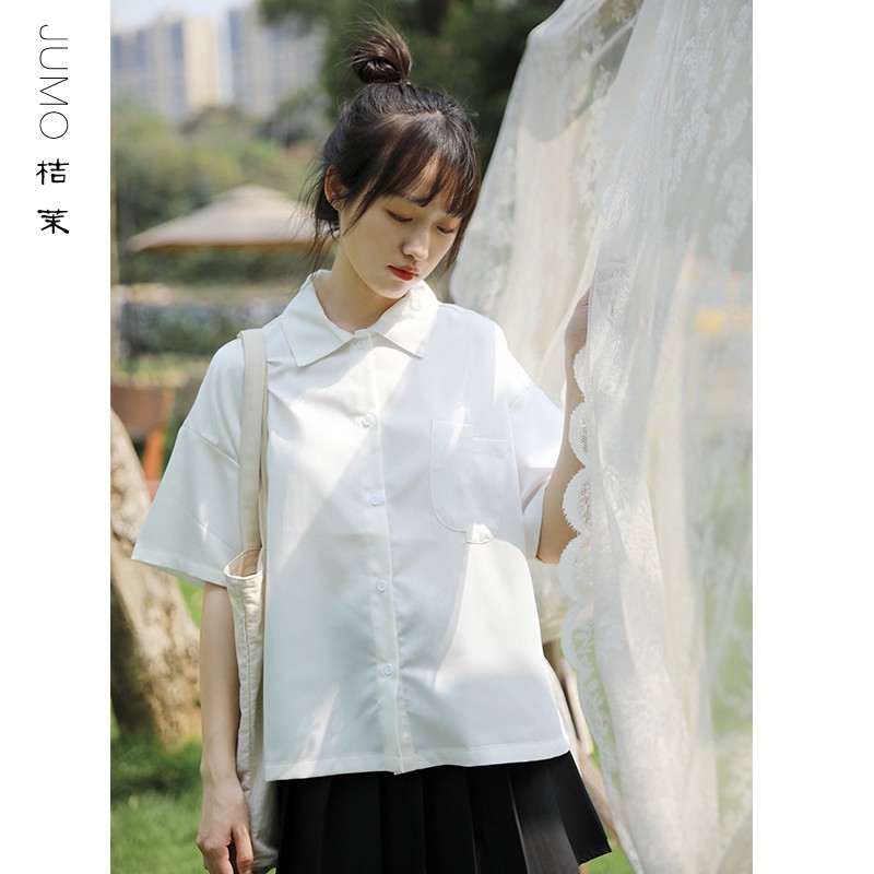 ♦∏⊙2021 mùa hè mới phong cách đại học Nhật Bản không đều túi áo sơ mi trắng trơn ngắn tay rộng rãi cho nữ sinh
