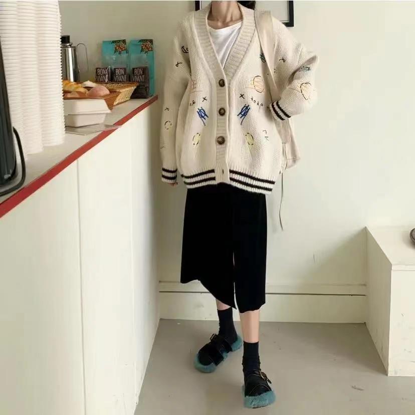 Áo Khoác Cardigan Dệt Kim Dáng Rộng In Họa Tiết Phong Cách Hàn Quốc Thời Trang Cho Nữ