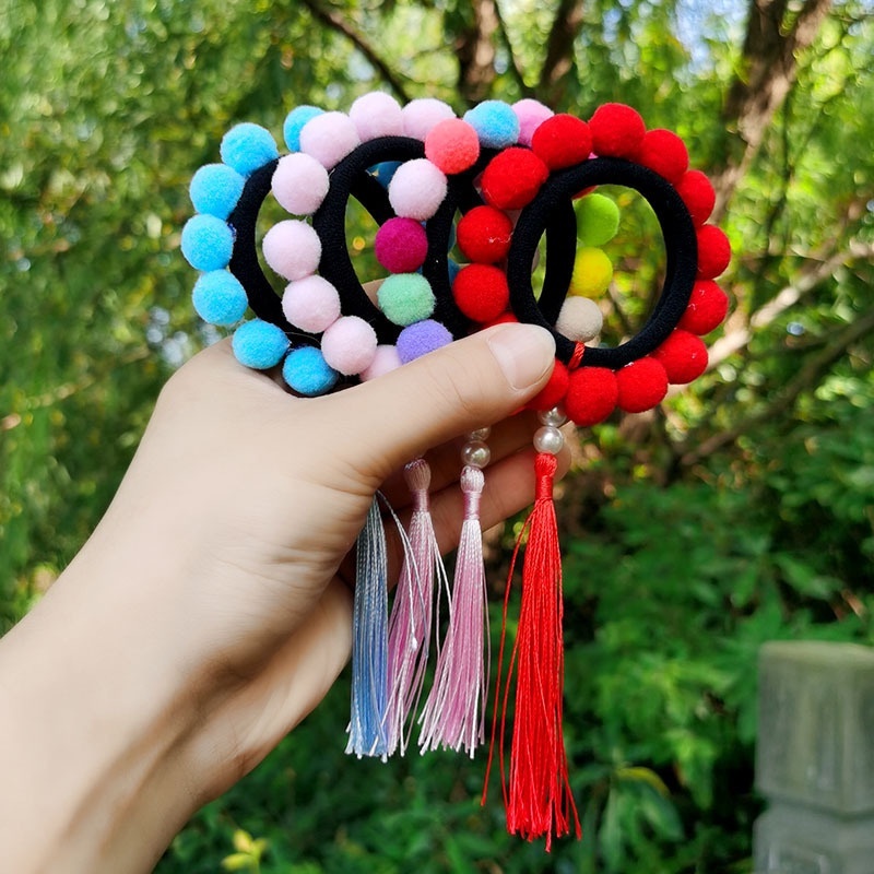 Set 2 Dây Buộc Tóc Co Giãn Đính Quả Bông Nhiều Màu Dễ Thương Cho Bé Gái