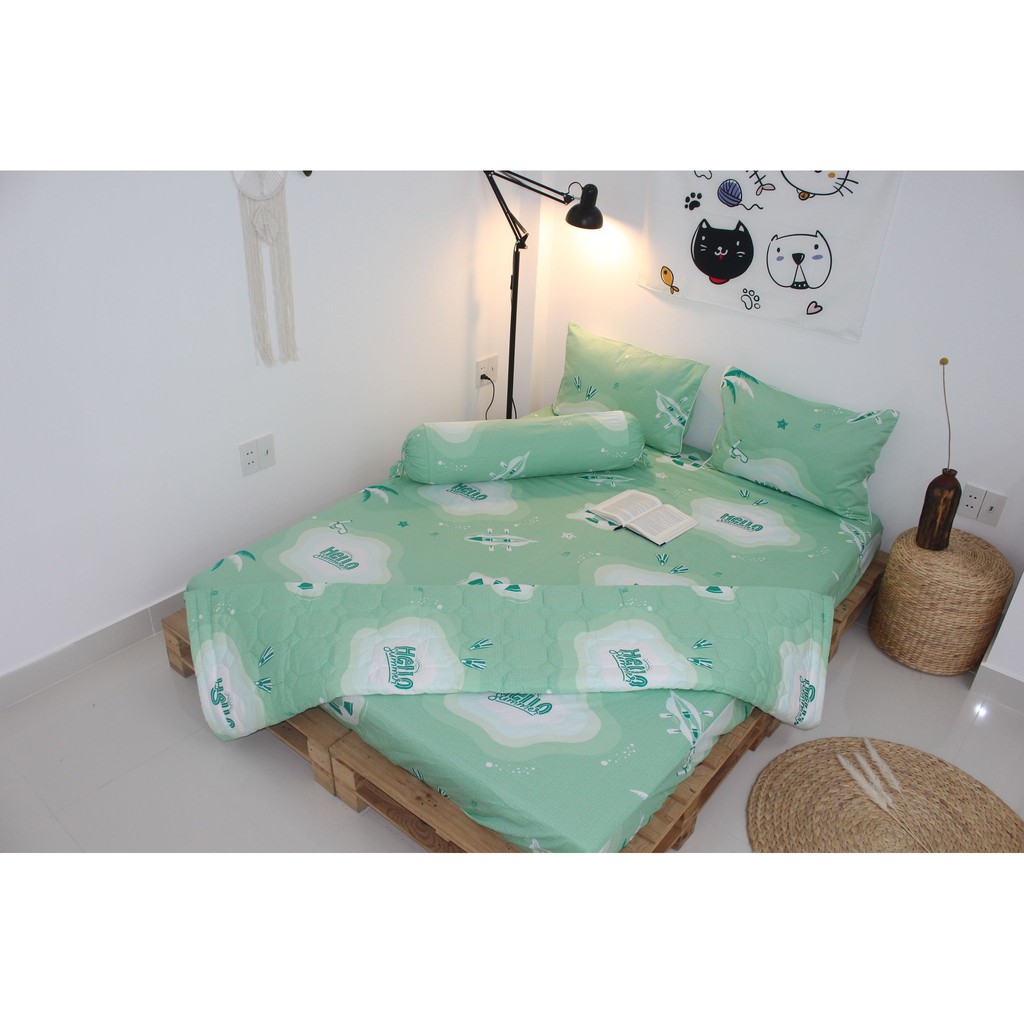 Bộ drap gối KHA LY -  100% cotton thiên nhiên - Summer Xanh Lá - VN213