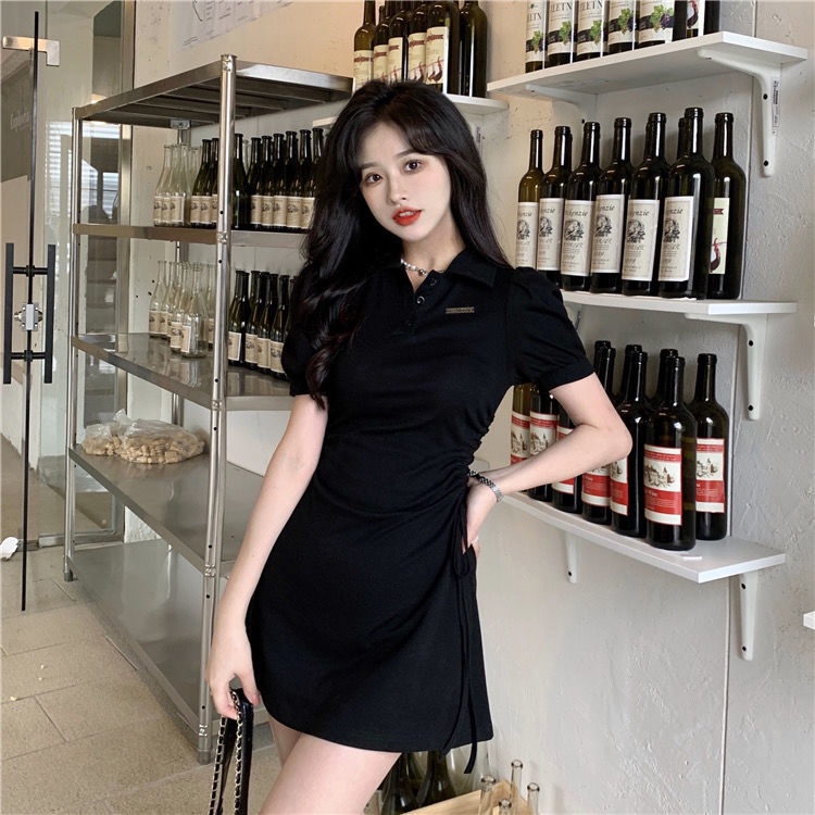 AMOI Đầm Ngắn Tay Cổ Polo Phối Dây Rút Thời Trang 2022 Dành Cho Nữ