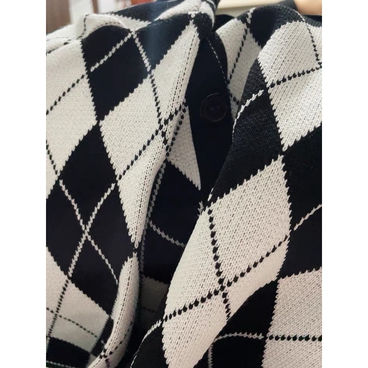 Áo Sweater polo len dài tay, Khoác len cảdigan croptop, cardigan lửng hoạ tiết quả trám caro | BigBuy360 - bigbuy360.vn