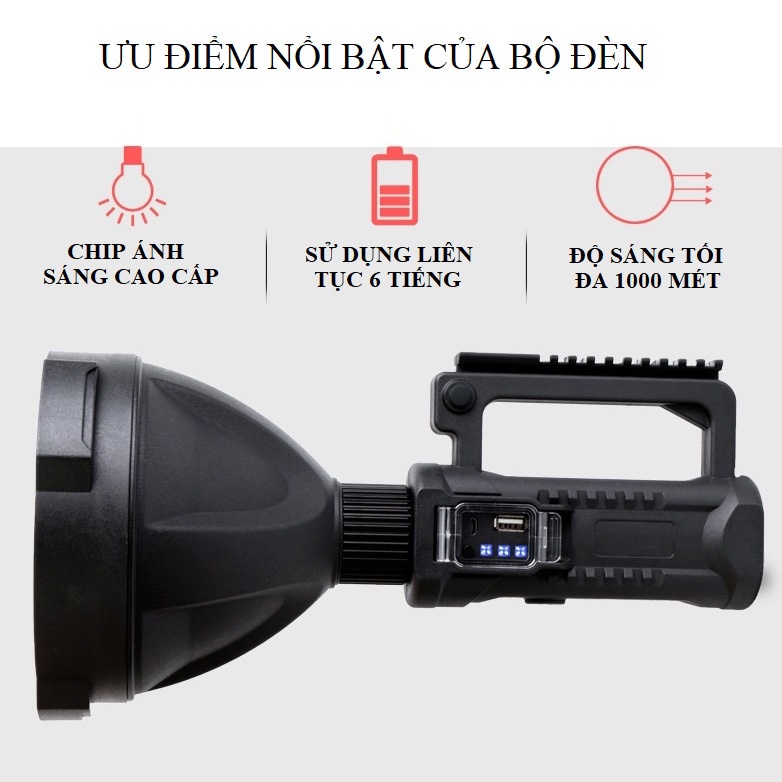 Đèn pin cầm tay siêu sáng chiếu xa 1000m, chống thấm, chống nước có chân đế, tích hợp sạc dự phòng pin 6600mAh