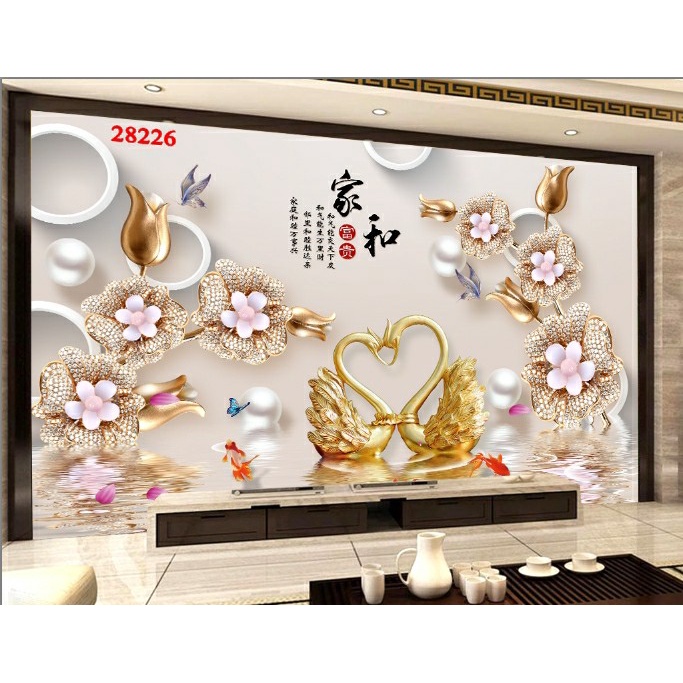 Tranh dán tường 3d phòng kháchchim Thiên Nga uyên ương