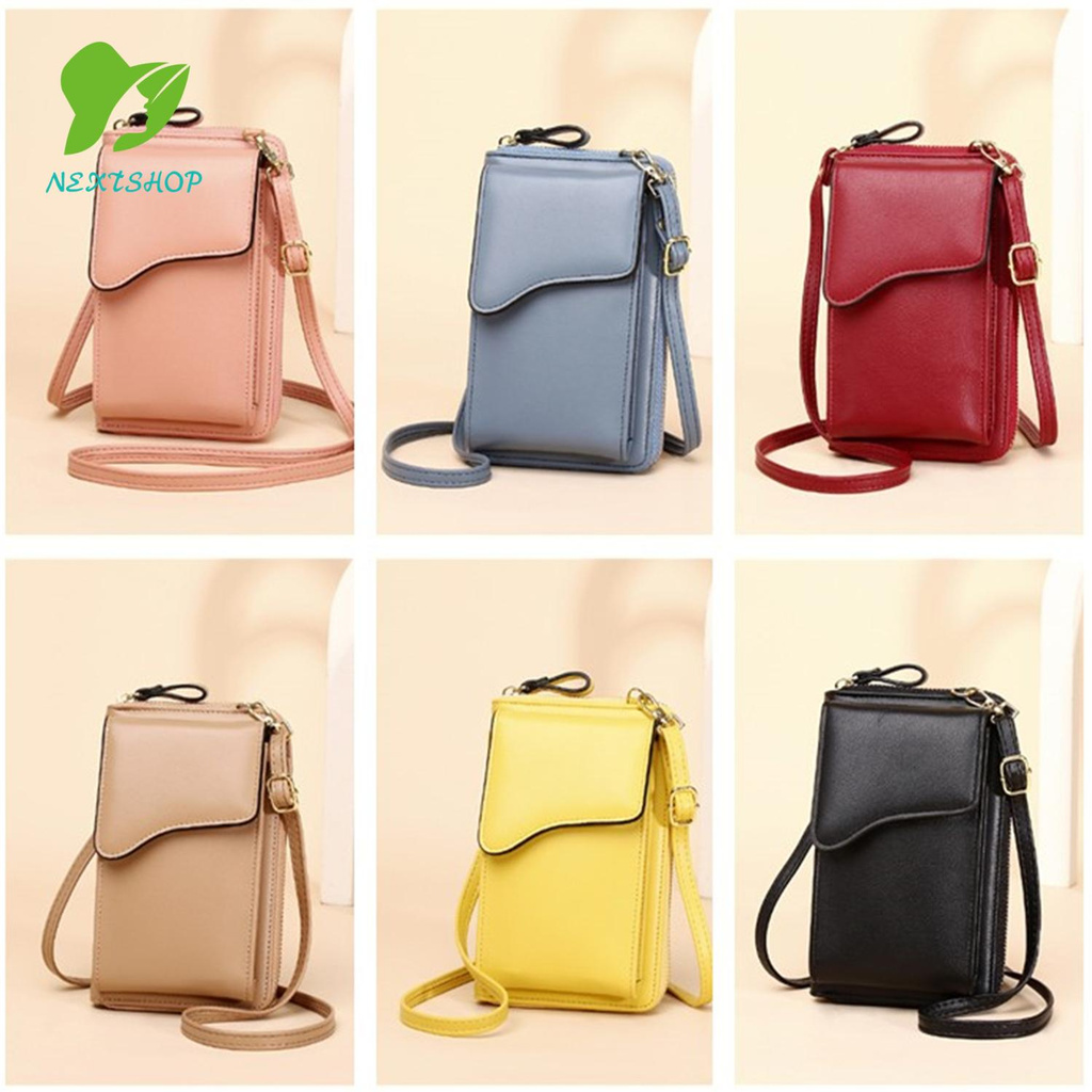 NEXTSHOP Fashion One-shoulder Messenger Mobile Phone Bag Travel Long Wallet with Shoulder Strap Crossbody New PU leather Pure Color Large-capacity Card Wallet Handbag/Multicolor