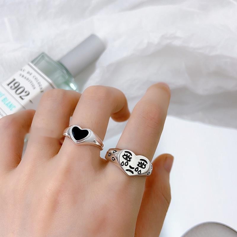 Nhẫn Hình Mặt Cười Màu Đen Phong Cách hip hop Cổ Điển Thời Trang Cho Nữ