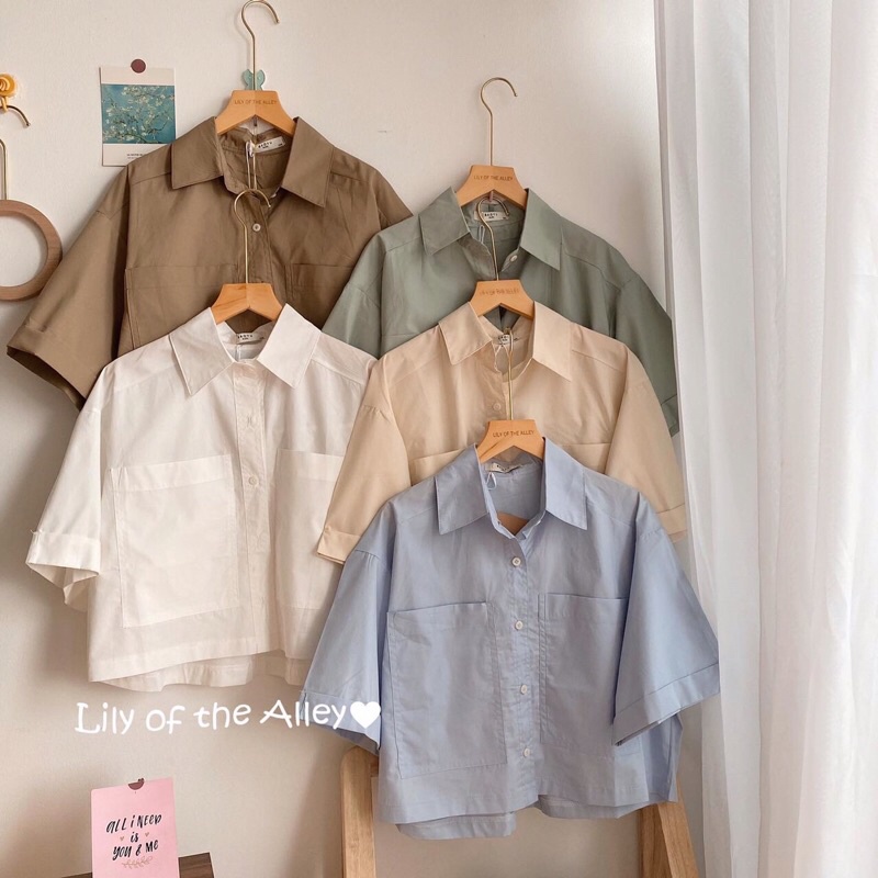 Sơ mi cộc tay croptop 2 túi basic
