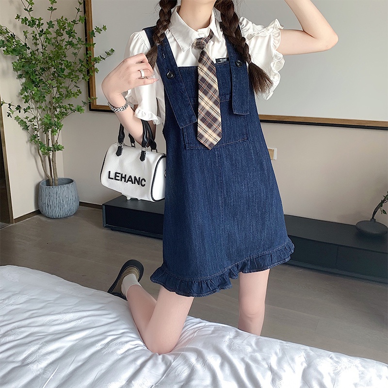 【HangFei】Đầm Yếm Denim Phối Bèo Plus Size Thời Trang