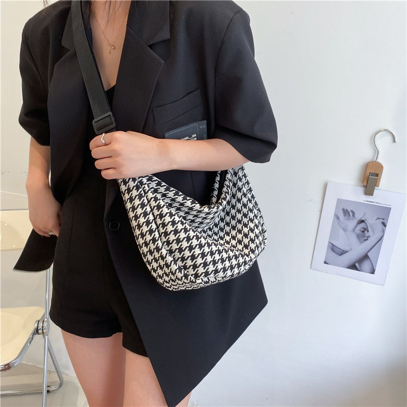 Túi xách canvas đeo vai sức chứa lớn họa tiết sọc caro thời trang dành cho nữ