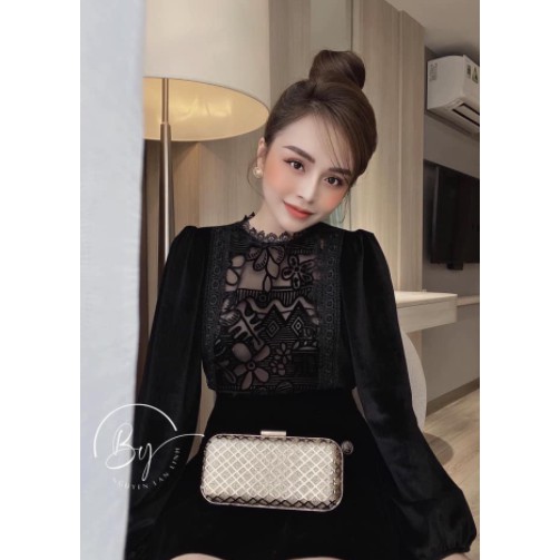 Váy Nhung Phối Ren Ngực