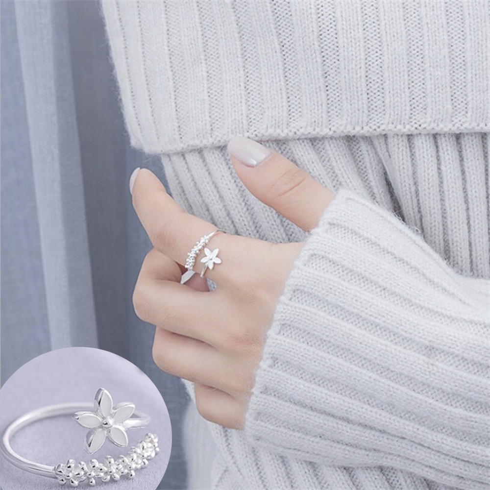 Bộ 2 Nhẫn Bạc Hình Hoa Dạng Mở Điều Chỉnh Được Phong Cách Hàn Quốc Ngọt Ngào Cho Nữ