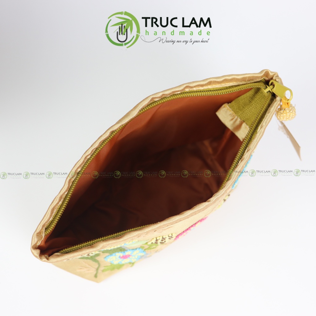 Ví Cầm Tay Nữ Vải Tafta Họa Tiết Hoa Cỏ Thêu Tay 2 Mặt - Trúc Lâm Handmade