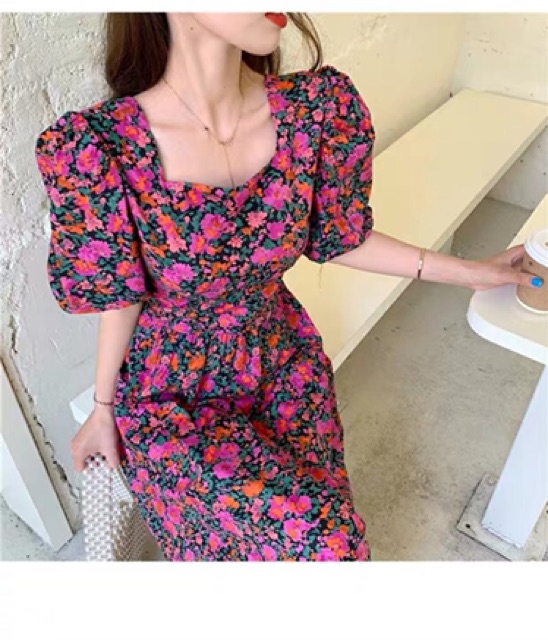 Váy đầm hoa nhí màu tím dáng xoè dài cổ vuông tay phồng thắt dây eo sang chảnh vintage đi tiệc du lịch