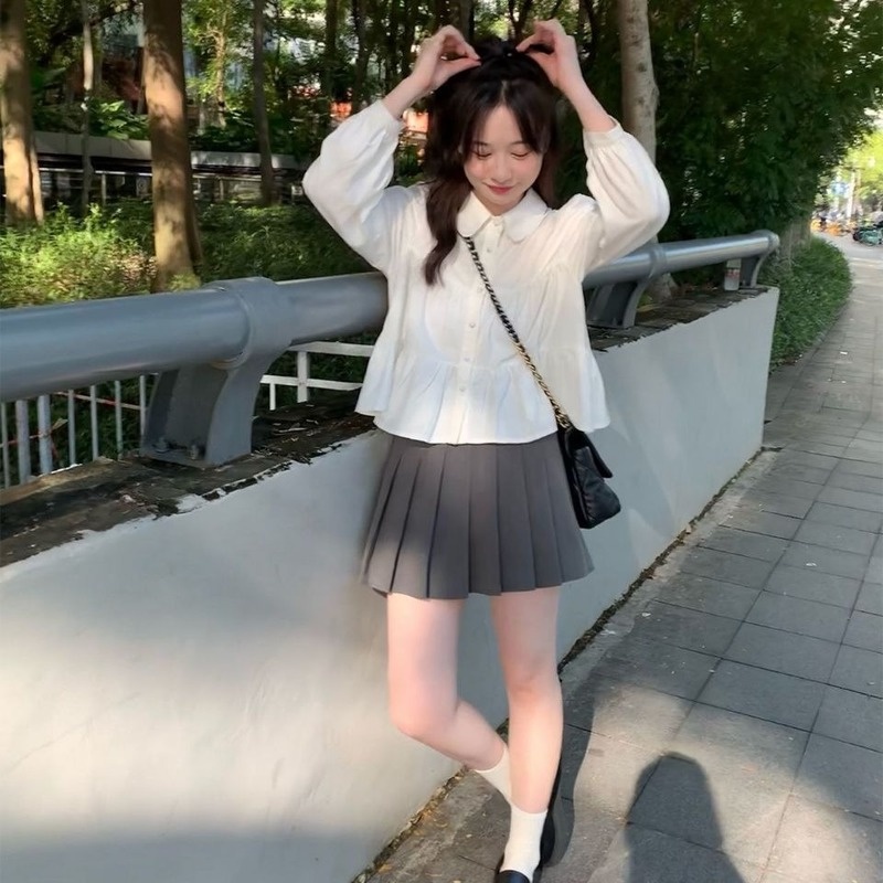 Áo Sơ Mi Cổ Búp Bê Màu Trắng Dễ Thương Phong Cách Nhật Bản