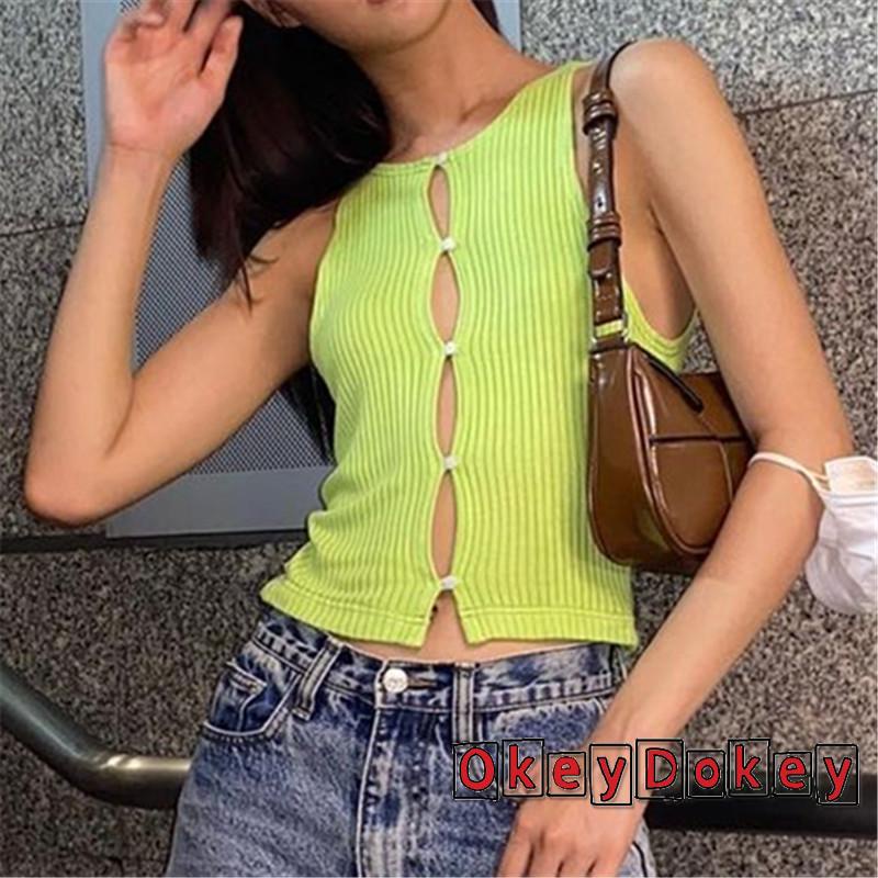 Áo Croptop Dệt Kim Không Tay Khoét Lỗ Ôm Dáng Thời Trang Mùa Hè Cho Nữ