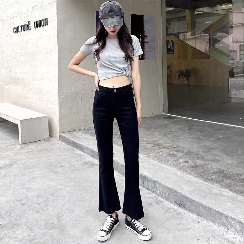 Quần nữ jean ống loe.quần bò lưng cao ống loe co dãn hàng QC cao cấp