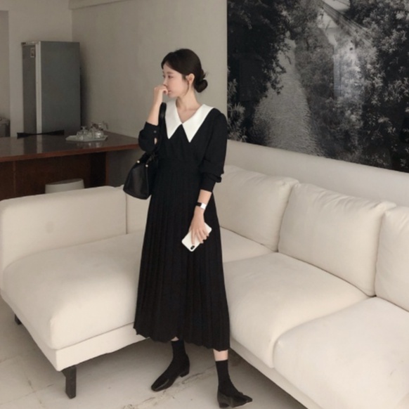 Đầm cổ dài bẻ búp bê dáng dài công sở nhấn eo sang trọng thanh lịch phong cách Hàn Quốc