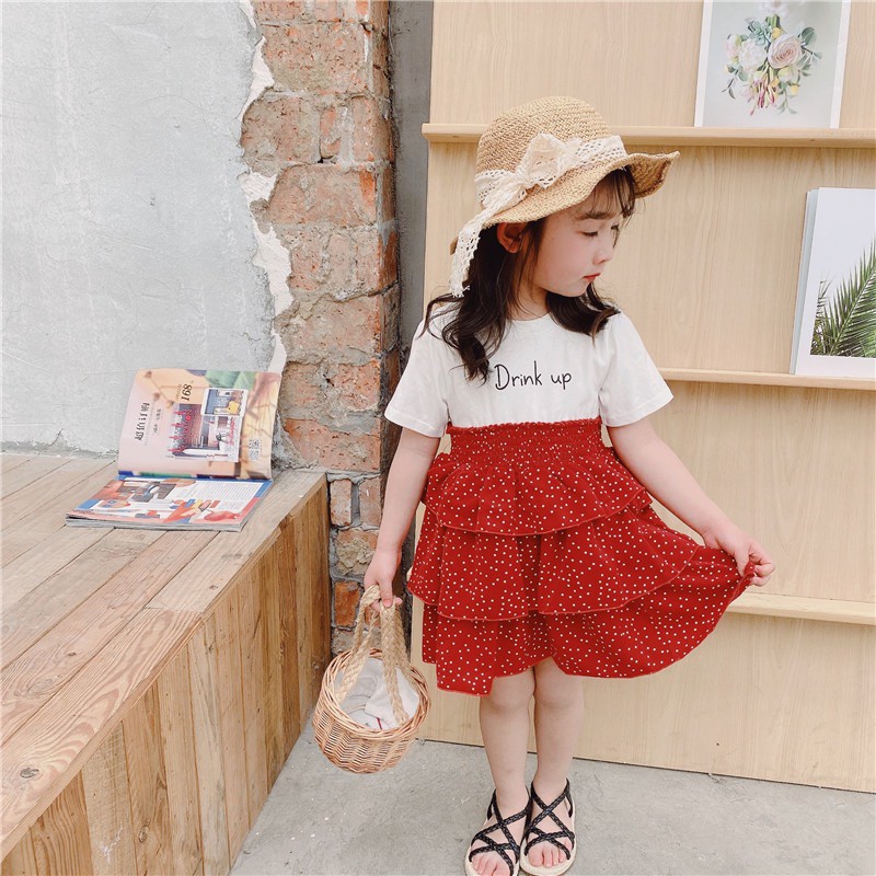 [V060] Váy Drink up chấm bi trắng đỏ cho bé sz 100-140
