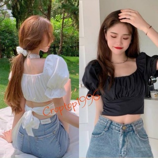 Áo Croptop thắt nơ sau lưng - áo kiểu croptop cổ U tay phồng . mã A32