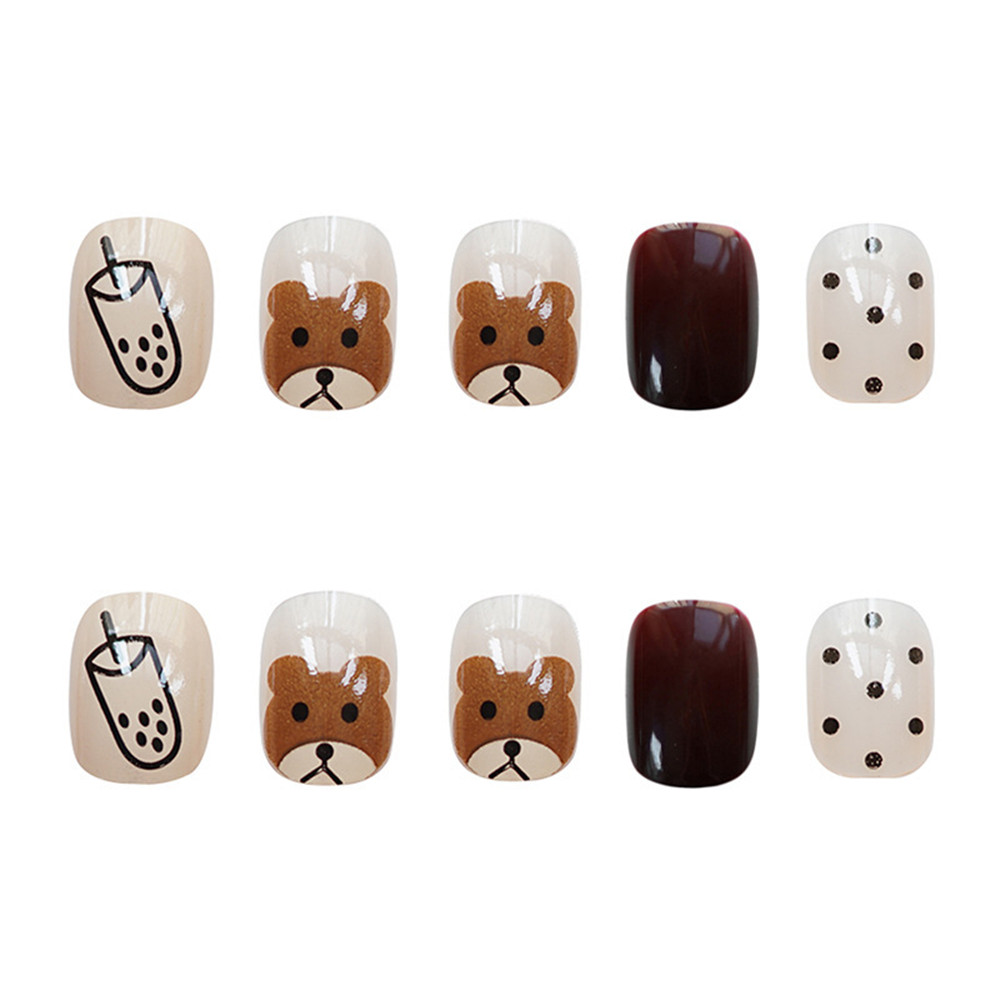 Cod Qipin Lovely Ins 24 Pcs Coffee Bear Removable Fake Nails+Glue for Women Ladies Party Daily