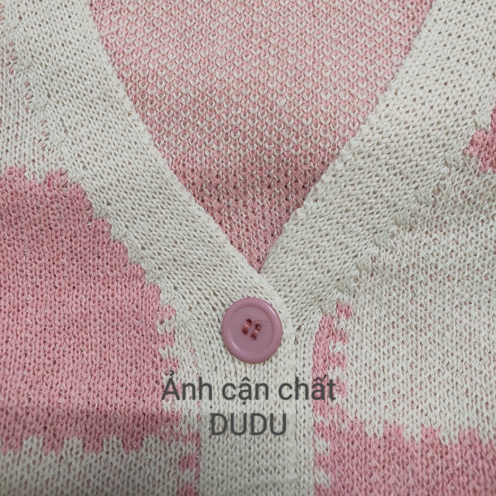 Áo Khoác Cardigan Len Hồng Họa Tiết Ô Vuông Thời Trang Hàn Quốc