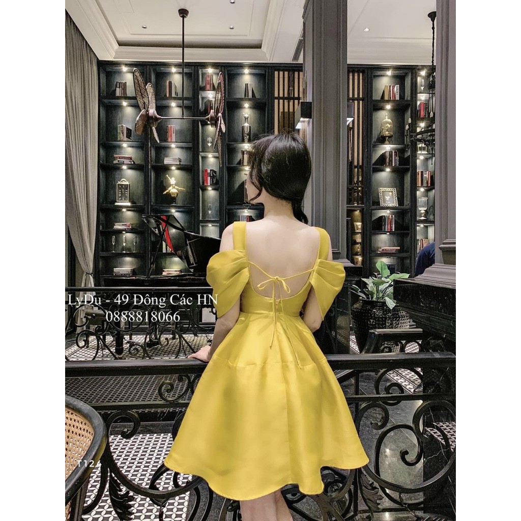 Đầm tafta bóng trễ vai nơ ngực 2 gam màu nhẹ nhàng siêu xinh