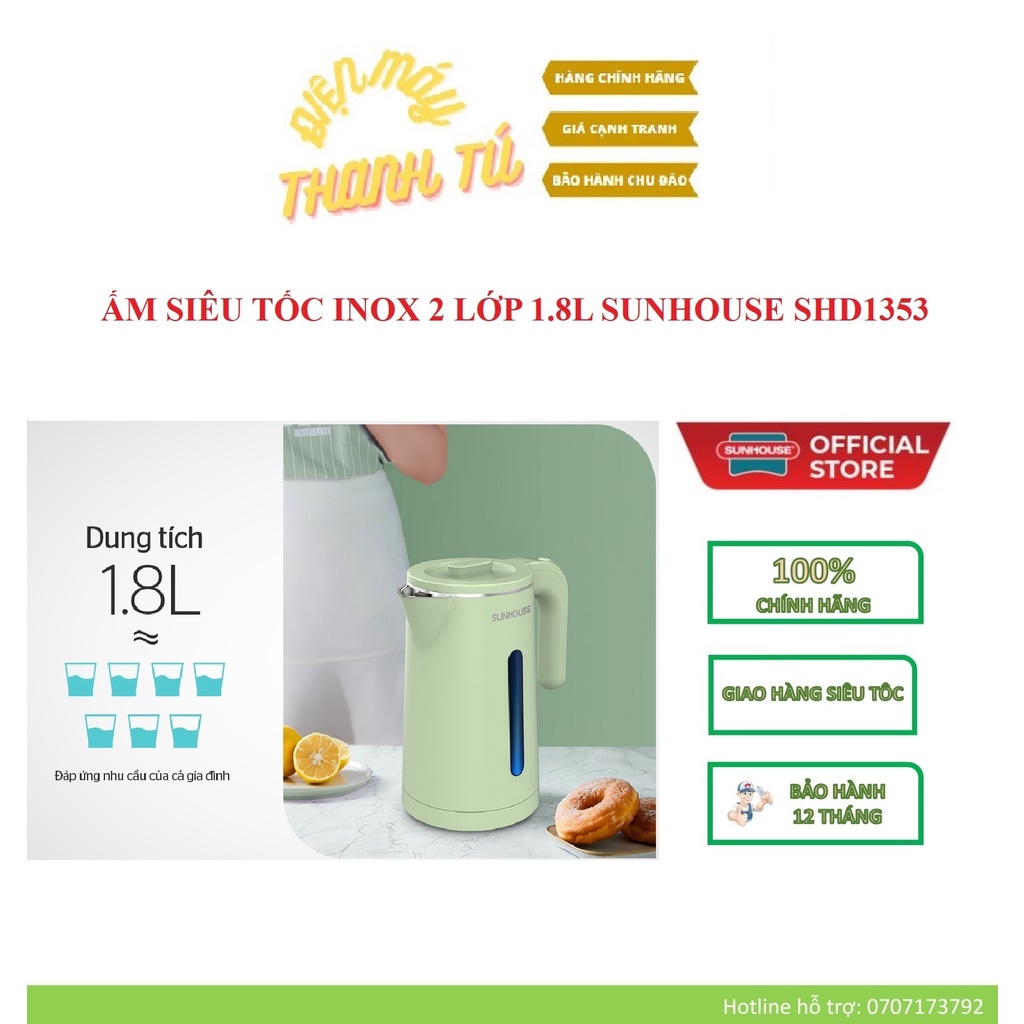 SHD1353 - ẤM SIÊU TỐC INOX 2 LỚP 1.8L SUNHOUSE - BẢO HÀNH CHÍNH HÃNG 12 THÁNG