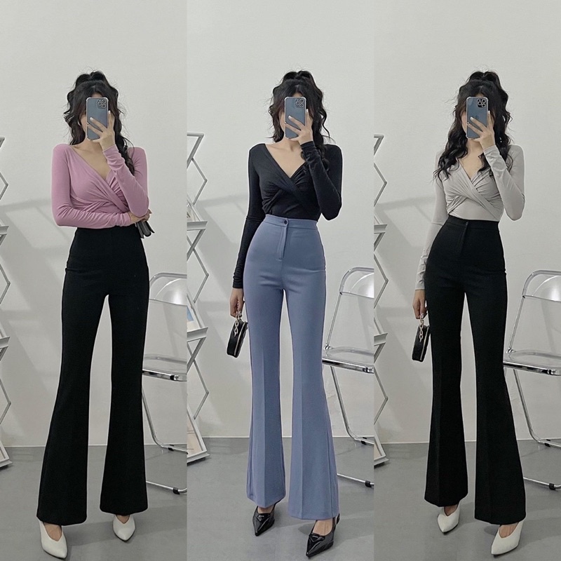 Set áo xoắn ngực + quần loe ủi ly siêu sang