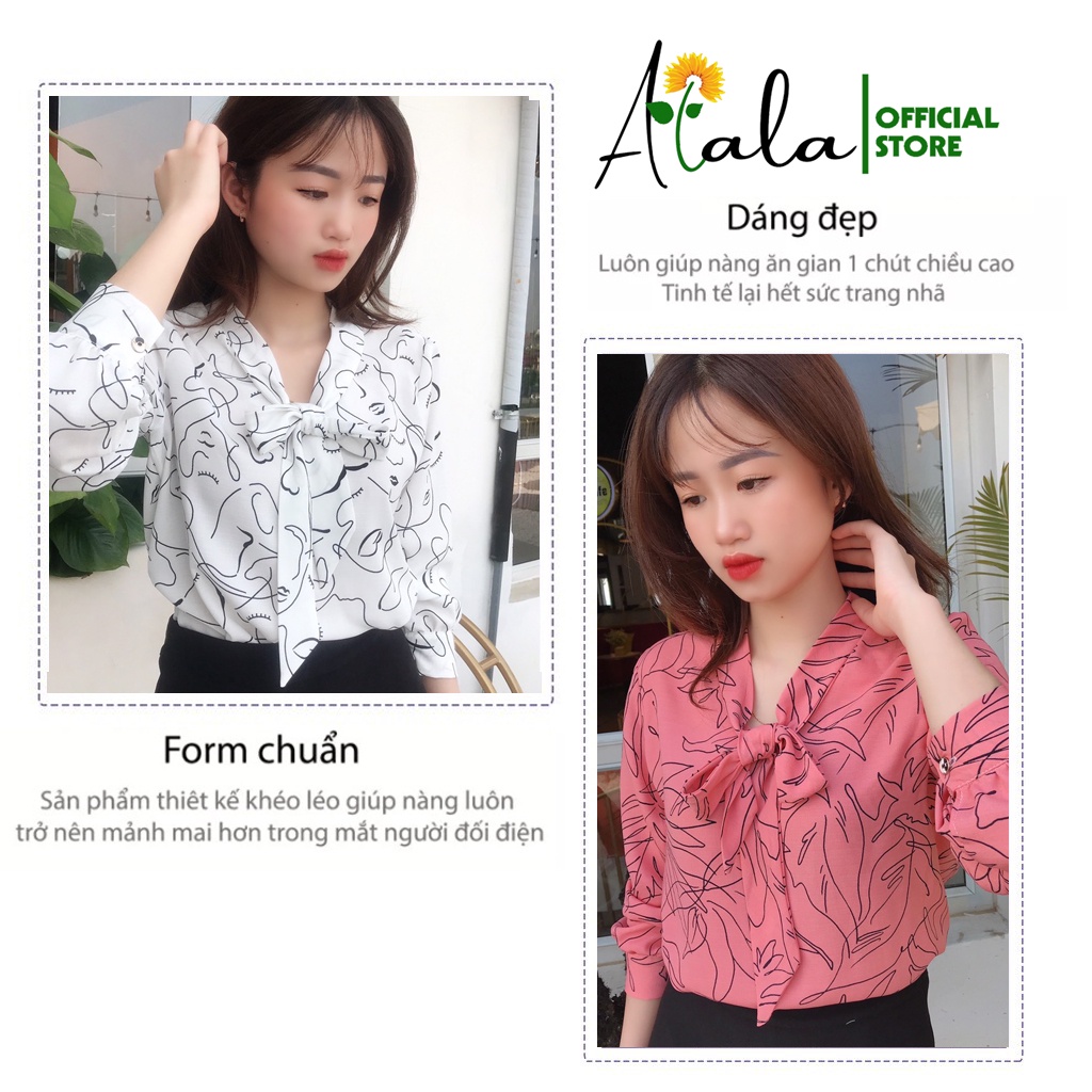 Áo sơ mi nữ công sở lụa tay phồng thắt nơ hàng thiết kế ALALA phong cách Hàn Quốc