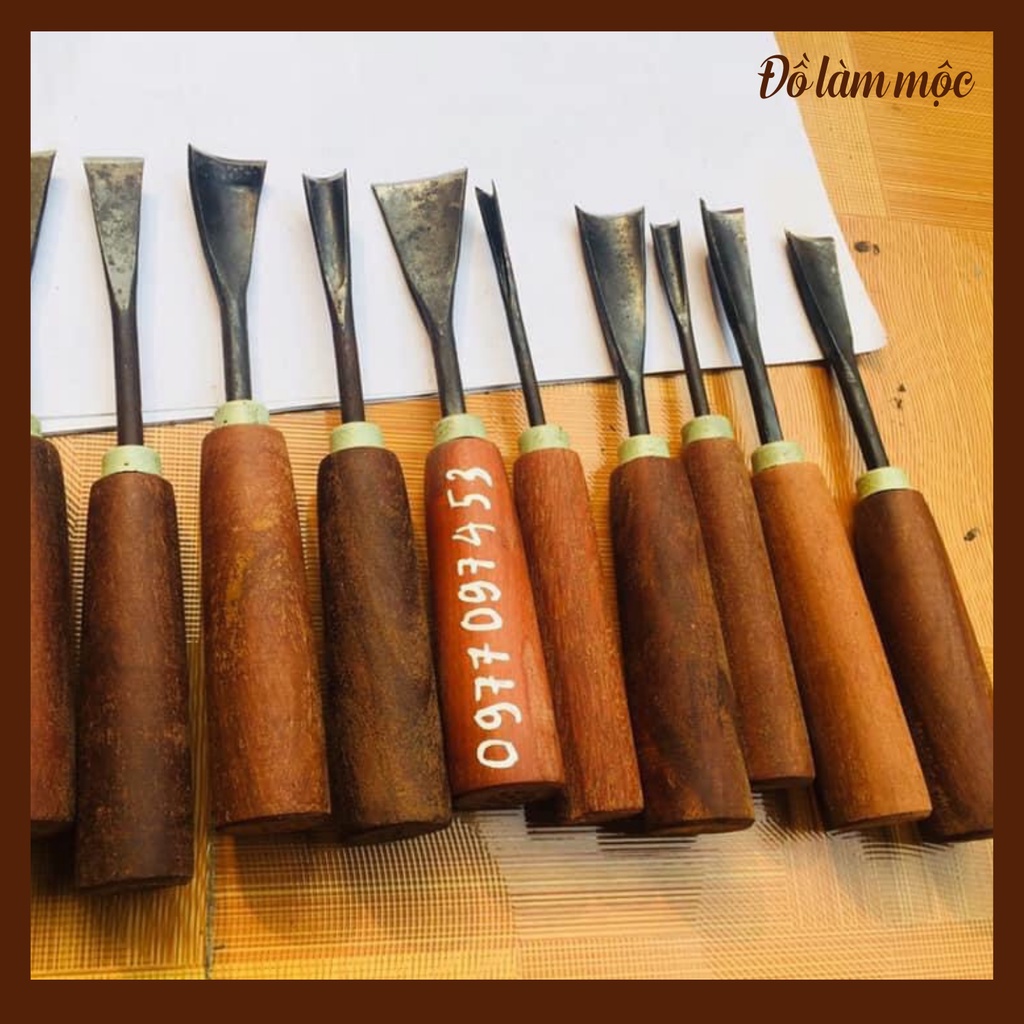 Bộ 10 cây đục 3 lưỡi thẳng 7 lưỡi cong kết hợp chạm trổ gỗ đục bàn ghế điêu khắc tranh tra cán gỗ nhám tay cầm chắc chắn
