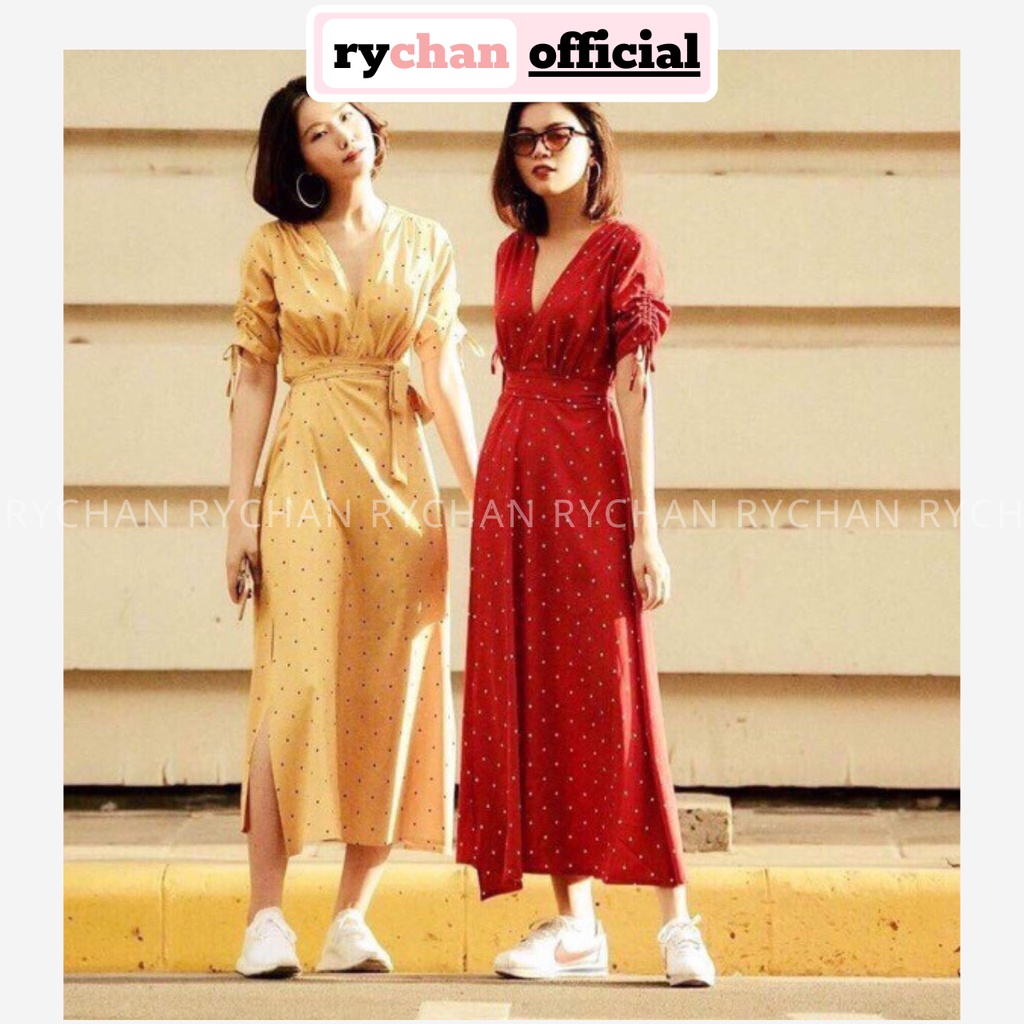 DM693 - Đầm Maxi Chấm Bi Cổ V Xẻ Đùi Tay Ngắn Rút Dây Eo Thắt Nơ 2 Màu Vàng Đỏ