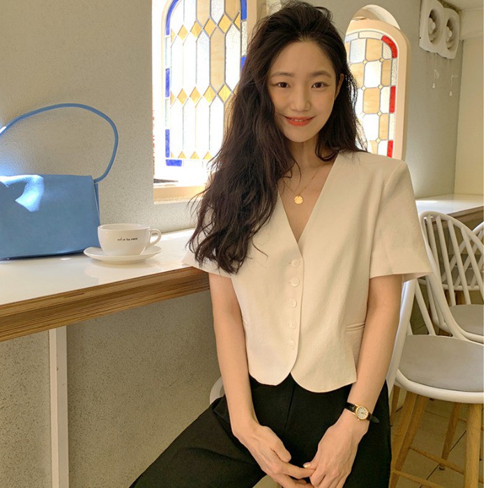 Áo Vest Blazer Cổ tim Retro Kiểu Pháp + Chân váy trơn ngắn Lưng cao Mùa Hè Ulzzang Hàn Quốc Thời trang
